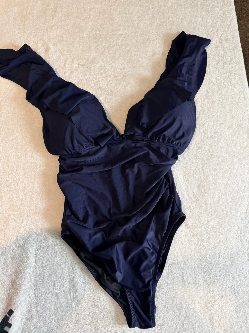 J.Crew navy blue V-neck ruffle one-piece swimsuit